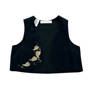 Vintage 90s Louise Contier Black Suede Vest Gold Leaf Design Made in USA